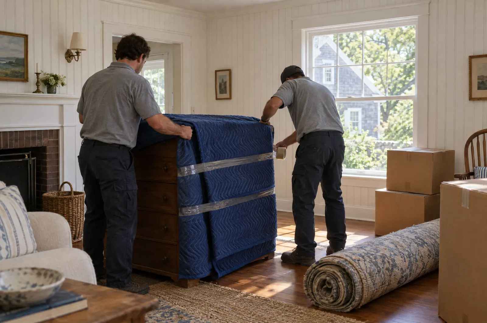 Two movers wrapping a wooden dresser in blue quilted pads inside a Cape Cod cottage